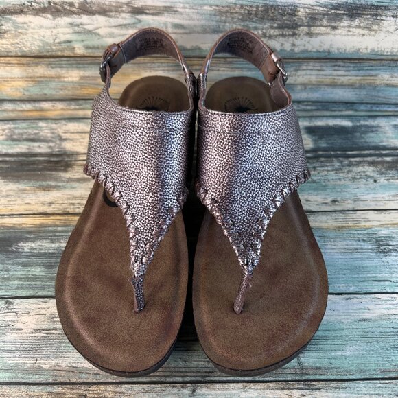 OTBT Meditate Thong Sandals Womens 8M Gray Leather Wedge Slingback Whipstitch - Picture 4 of 12